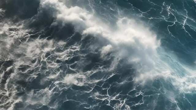 Vitality of blue energy and clear ocean water. Powerful stormy sea waves in top-down drone shot perspective. Crashing wave line in Open Atlantic sea with foamy white texture.