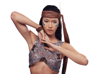 Portrait on Native American woman isolated on transparent png background with beauty, warrior makeup and fashion. Indigenous culture, tribal face paint and girl in First Nations clothes, art or style