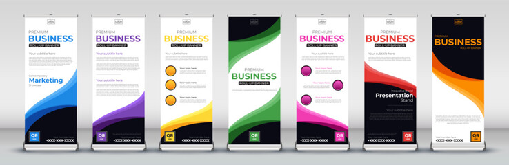 Modern vertical roll up Banner Design set for Street Business, events, presentations, meetings, annual events, exhibitions in red, green, blue, yellow, orange, purple, orange - obrazy, fototapety, plakaty