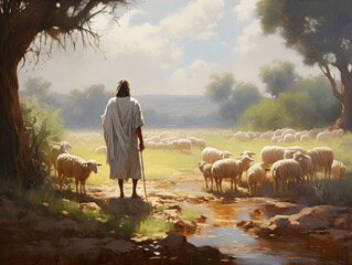 Jesus Christ, the good shepherd and sheep at the grove. AI generative - obrazy, fototapety, plakaty