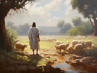 Fotobehang Jesus Christ, the good shepherd and sheep at the grove. AI generative © ZayWin