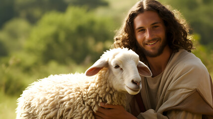 Jesus recovered the lost sheep carrying it in arms. Biblical story conceptual theme. - obrazy, fototapety, plakaty
