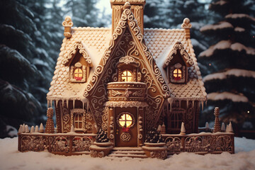 A beautiful and very detailed gingerbread house in a winter landscape
