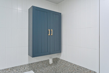 It is correct to choose navy blue for bathroom wall storage as it does not stain easily