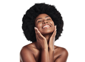 Hair, beauty and happy black woman with afro on isolated, png and transparent background. Skincare, aesthetic and face of African person smile with natural texture, growth and cosmetics for wellness - obrazy, fototapety, plakaty
