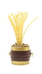 an offering to god with coconut flower in a vessel filled with wheat grains, a traditional decoration in kerala for celebration and pooja isolated in a white background