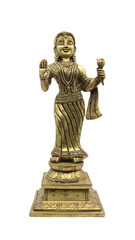 indian golden statue of a woman in traditional clothing isolated in a white background
