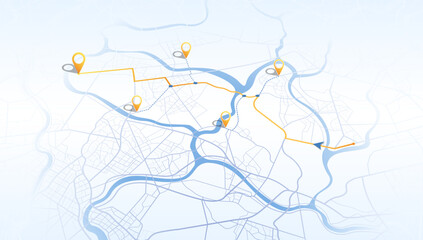 Abstract isometric location tracks dashboard. Gps map infographic. Journey route template. City streets, blocks, route distance data, path turns and destination tag, mark. Vector, illustration