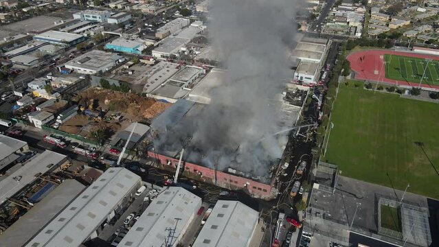 Firefight at large industrial building - aerial