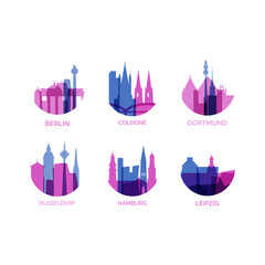 Germany  cities logo and icon set. Vector graphic collection for Berlin, Cologne, Dortmund, Dusseldorf, Hamburg, Leipzig