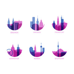 Germany  cities logo and icon set. Vector graphic collection for Bremen, Dresden, Frankfurt, Hannover, Munich, Stuttgart - obrazy, fototapety, plakaty
