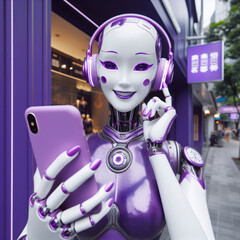 happy female robot android wearing purple in front of a purple shop