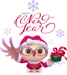 Santa owl holding xmas gift box. Template greeting card lettering text happy new year