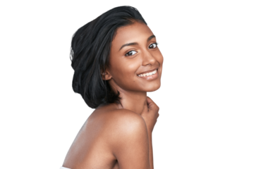Isolated woman, skincare and portrait with wellness, skin or natural glow with beauty by transparent png background. Girl, model and person for cosmetics, change and transformation for aesthetic