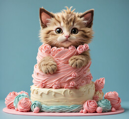 Cute british kitten with birthday cake on blue background.