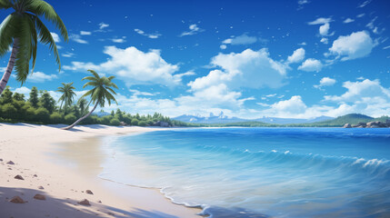 a serene beach scene with clear blue water and white sand.