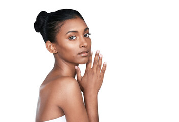 Isolated woman, skincare and portrait with beauty, skin and natural glow with wellness by...