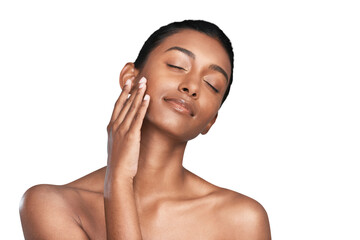 Happy woman, relax and beauty in skincare, facial or cosmetics isolated on a transparent PNG...