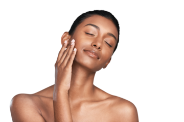 Happy woman, relax and beauty in skincare, facial or cosmetics isolated on a transparent PNG background. Face of calm Indian female person or model smile in satisfaction, soft skin or spa treatment
