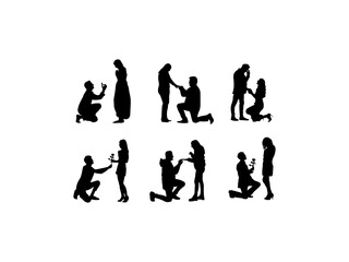 Boy proposing girl with rose. Set of romantic couple silhouette in various poses. Young man proposing to his girlfriend rose, diamond ring, gift box. Romantic couple lovers hug, kiss and proposed.