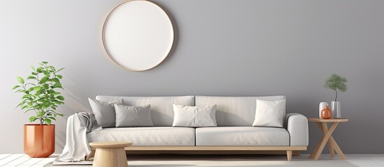 Scandinavian-style living room with grey walls, modern grey sofa, pillows, and a round mirror.