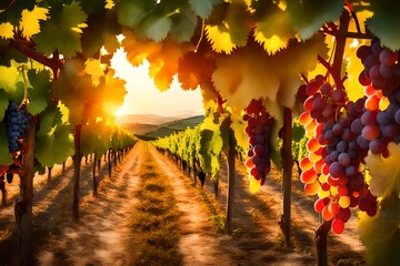 ripe grapes in vineyard at sunset tuscany italy-