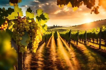ripe grapes in vineyard at sunset tuscany italy- - obrazy, fototapety, plakaty
