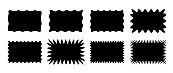 Wavy edge rectangle shape collection. Black Jagged rectangular form set. Zig zag graphic design element pack for banner, poster, template, sticker, badge, label, tag, flyer. Vector illustration bundle - obrazy, fototapety, plakaty
