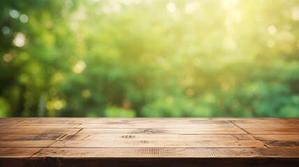 Empty wooden table with blurry green nature background, copy space, product placement, 16:9