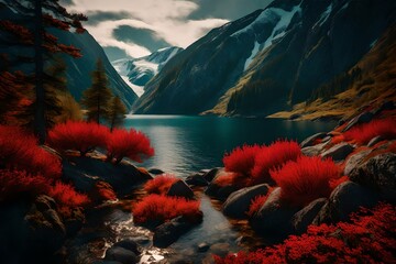red traditional norwegian nature with fjords generative a - obrazy, fototapety, plakaty