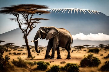 Fototapeta na wymiar elephant in front of kilimanjaro-