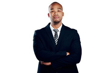Portrait, serious and business man with arms crossed isolated on a transparent png background. Face, pride and professional entrepreneur, confident worker and employee or consultant in suit in Brazil