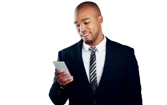 Businessman, smiling and smartphone for text, email or message for communication by cellular network. Black person, internet and mobile app for social media on isolated or transparent png background