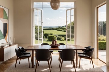 bright and elegant dining room with wooden table, black chairs, and countryside view