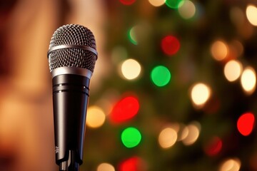 Microphone, christmas carols, christmas tree blurred 