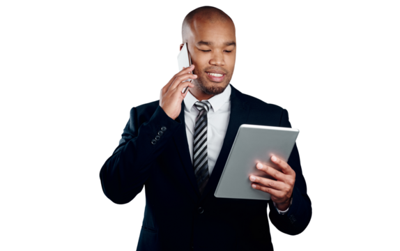 Businessman with phone call, tablet and chat isolated on transparent png background with legal advice. Networking, digital app and black man lawyer with online business, smartphone and discussion.