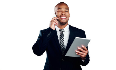 Businessman, laugh and phone call with tablet for social media, information or reading report....