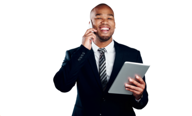 Businessman, laugh and phone call with tablet for social media, information or reading report. Black person, consultation and funny joke by technology on app on isolated or transparent png background