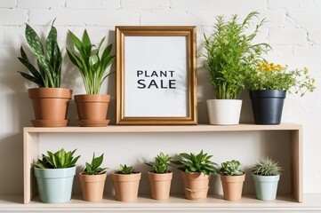 wooden shelf with potted plants and plant sale sign on wood background