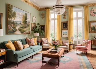 vintage living room with blue sofa, yellow curtains, and plants