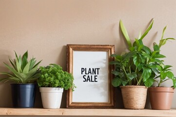 wooden shelf with potted plants and framed plant sale sign