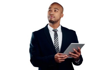 Businessman with tablet, online and thinking isolated on transparent png background for law firm. Networking, digital app and black man, lawyer or attorney with business idea, website or research.