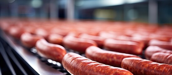 Sausages are arranged in a row on a production line. - Powered by Adobe