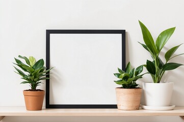 blank square picture frame with potted plants on wooden shelf