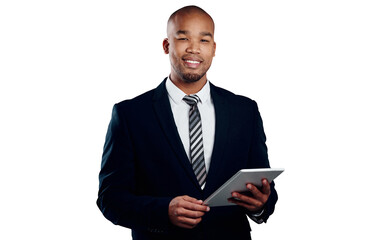Businessman with tablet, online and portrait isolated on transparent png background for law firm...