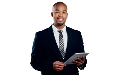 Businessman with tablet, online and portrait isolated on transparent png background for law firm email. Networking, digital app and happy black man, lawyer or attorney with business, web or research