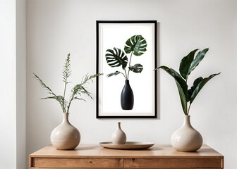 cozy and natural home decor with plant-themed wall art, pottery and wood