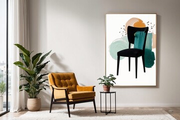Yellow armchair and green chair painting in a modern living room