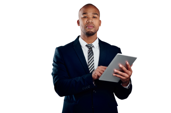 Businessman with suit, tablet and portrait isolated on transparent png background for law firm email. Networking, digital app and black man, lawyer or attorney with online business, website or search