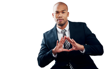 Hand, business man and triangle gesture in portrait isolated on a transparent png background. Person frame fingers in pyramid sign, confident professional consultant and face of employee with shape